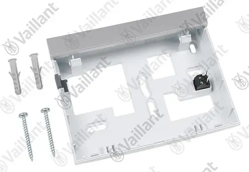 Vaillant Rückwandhalterung mit Montagezubehör, bestehend aus einer weißen Halterung, Schrauben und Dübel für die Installation.